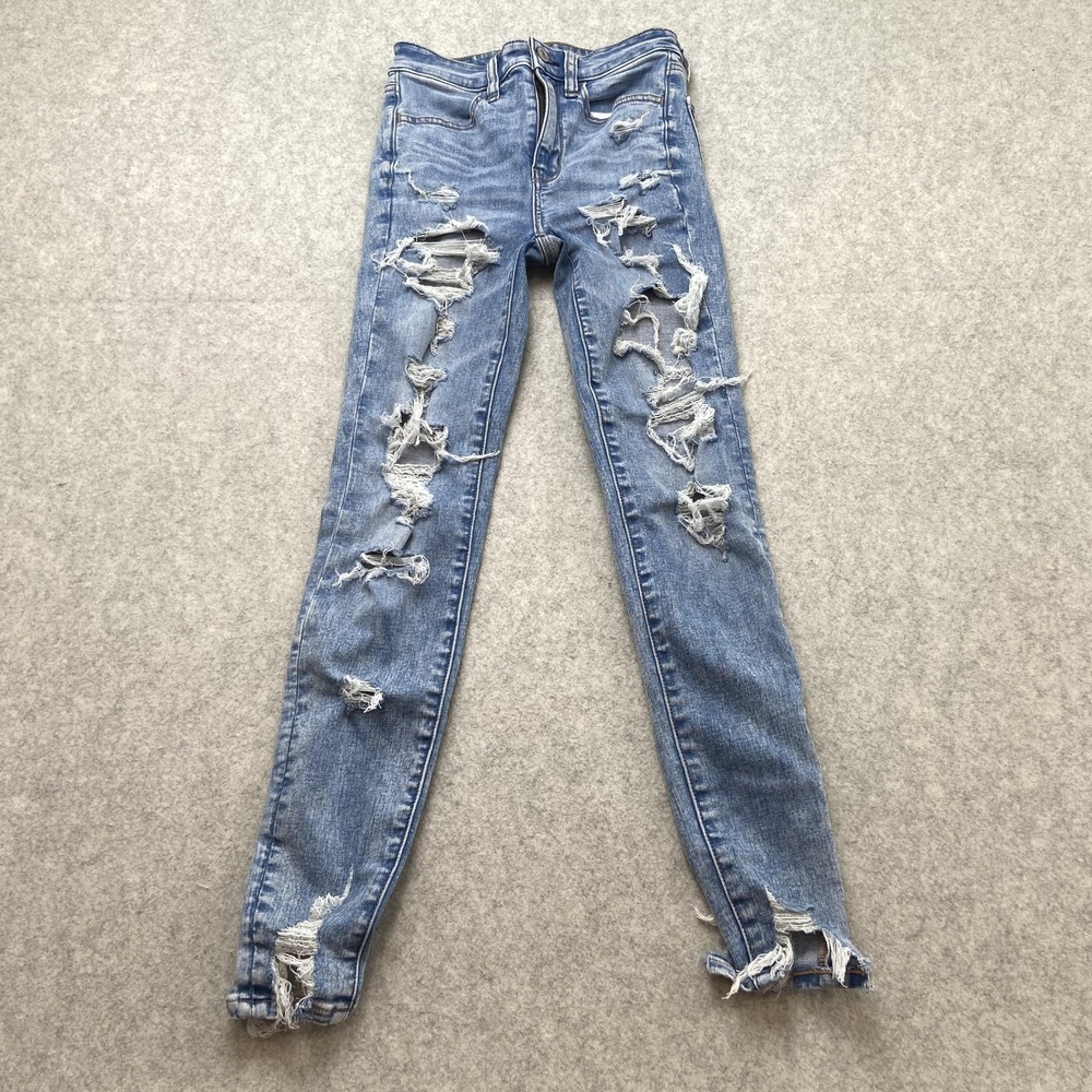 American Eagle Super Hi-Rise Jegging Jeans Womens 2 (24x25) Blue Distressed